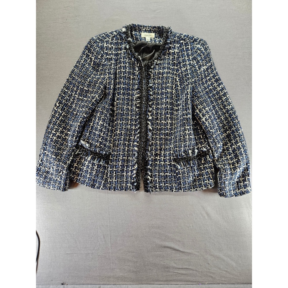 Dressbarn Navy Blue Tweed Fringe Blazer Jacket Chain Trim Open Front Womens L